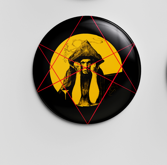 A yellow and red button badge of a portrait of Aleister Crowley 