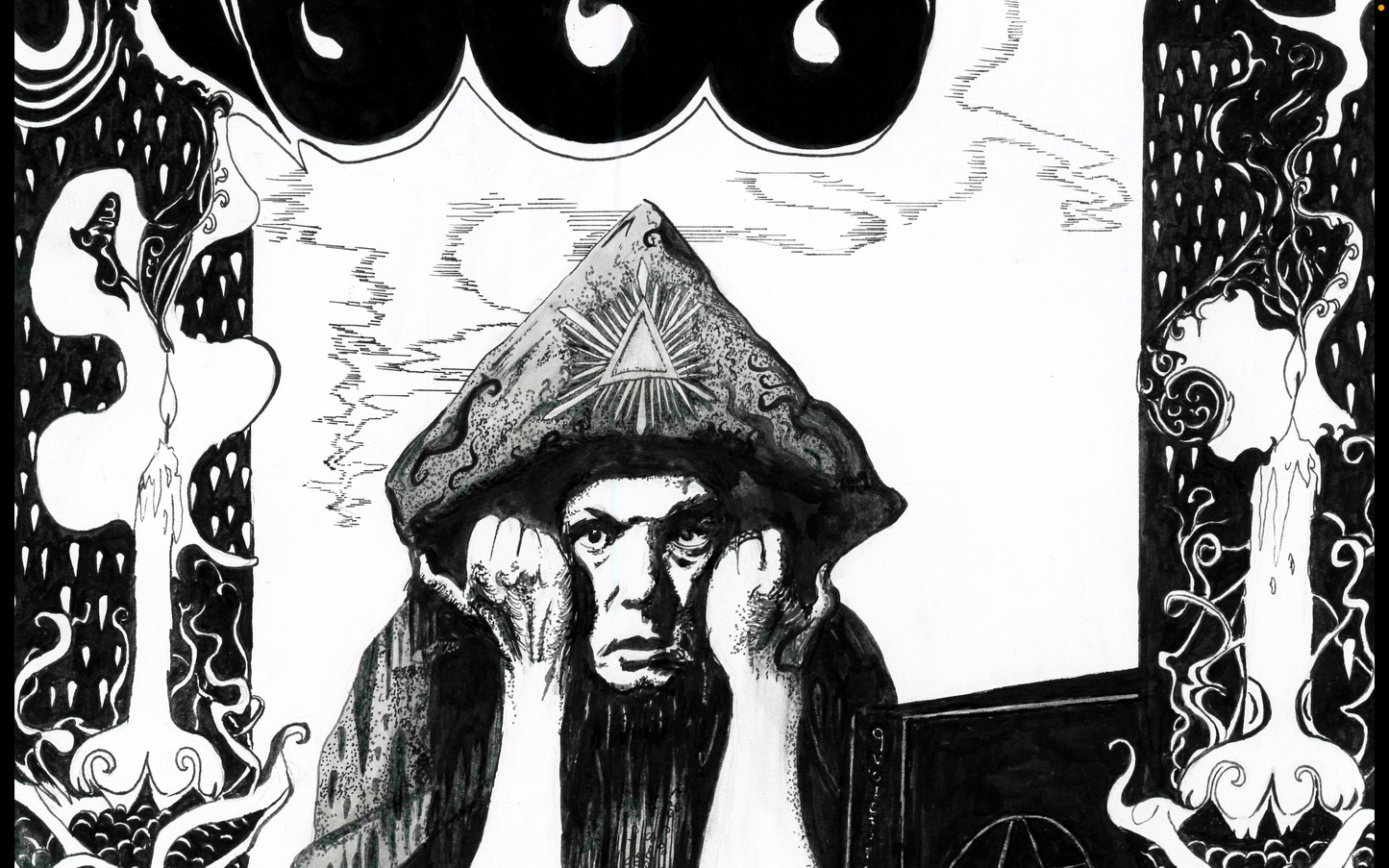 A detail from A black and white pen and ink portrait of Aleister Crowley in a psychedelic art nouveau style, the text above reads The Great Beast 666