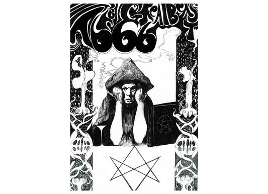 A black and white pen and ink portrait of Aleister Crowley in a psychedelic art nouveau style, the text above reads The Great Beast 666