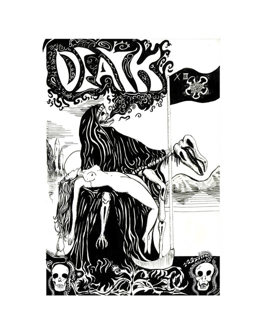 A pen and ink illustration of the death tarot card