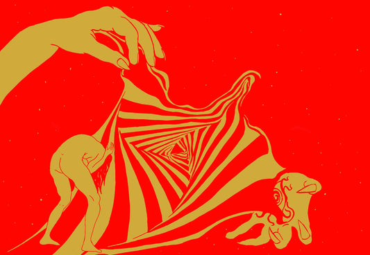 a red and gold psychedelic poster of a woman falling into a spiral being pulled apart by giant hands