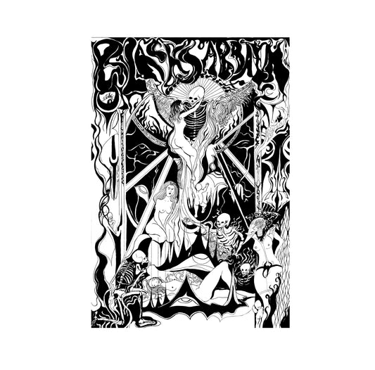 A black and white gothic pen and ink poster for the band black sabbath in an art nouveau style showing a black mass conducted by demons and Skelletons