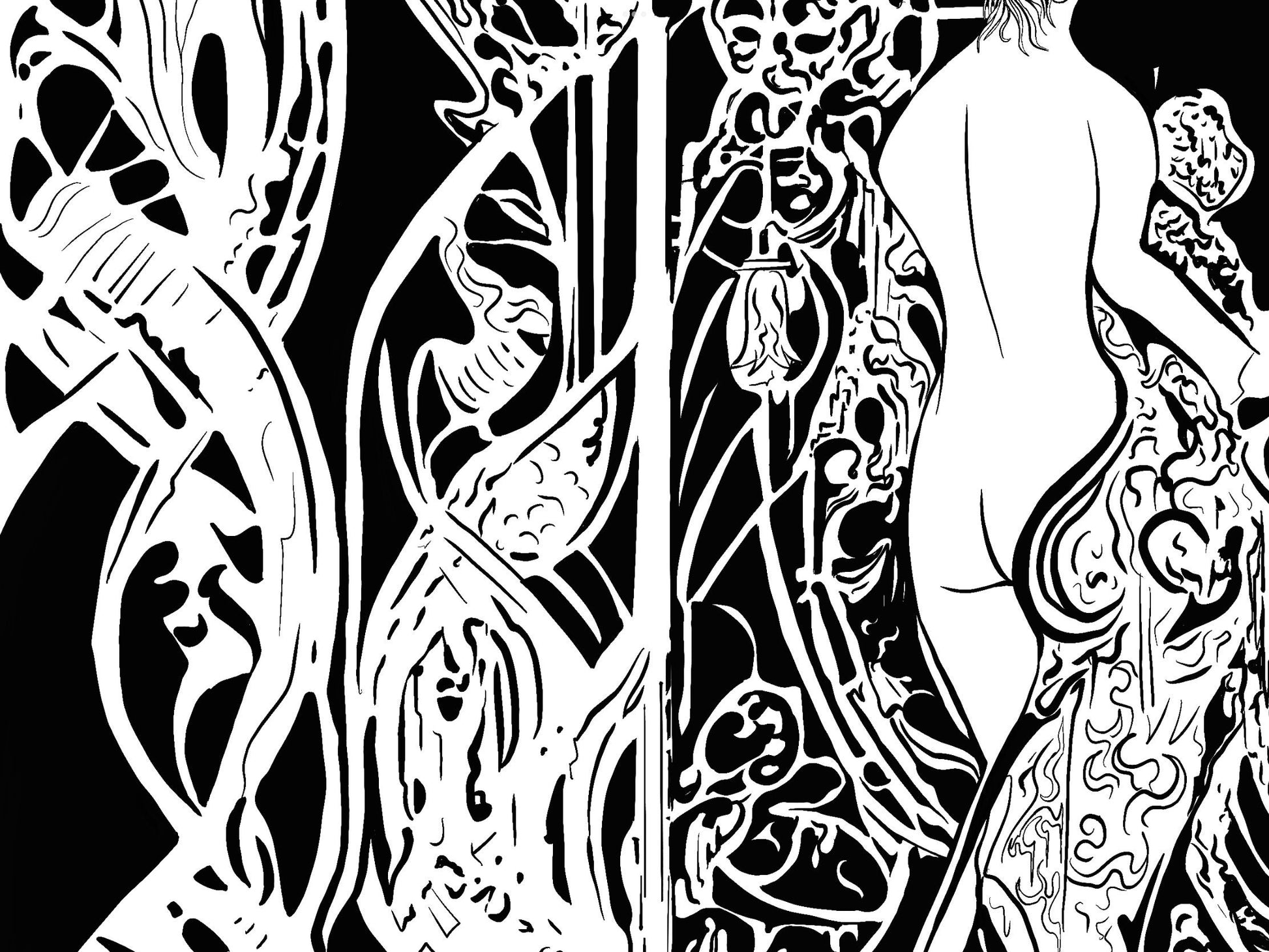 a detail from  A black and white pen and ink art nouveau illustration of a woman surrounded by floral patterns and flowers