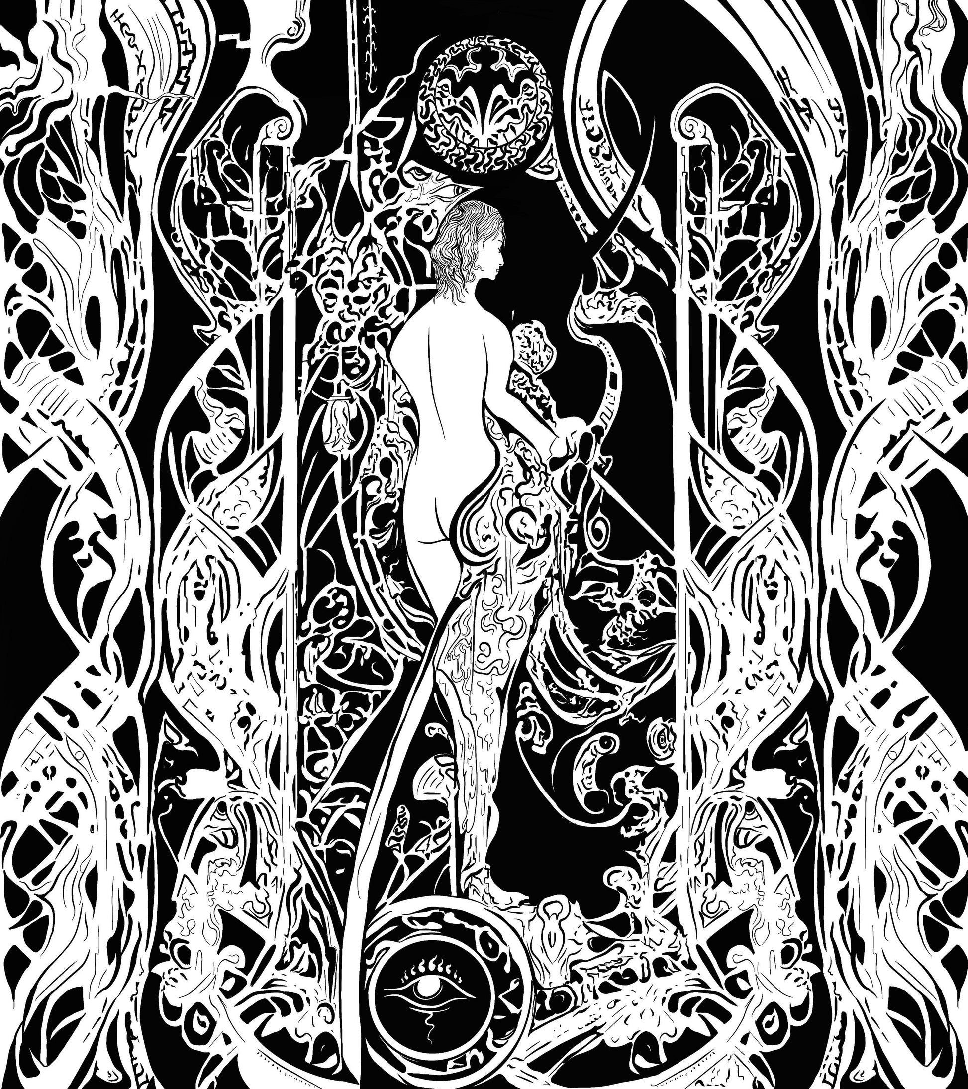  A black and white pen and ink art nouveau illustration of a woman surrounded by floral patterns and flowers